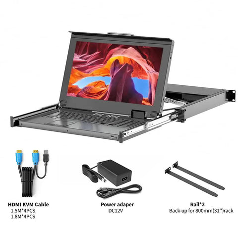 15.6 Inch HDMI KVM Console With Eight Port Switch And Hotkey Control, 1U Rackmount Server Monitor displayed in open position with cables.
