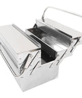 Metal Cantilever Tool Box With Five Trays And Three Layer Folding Design In Stainless Steel For Auto Maintenance Organizer Portable Pit Toolbox Great For Pros And Diyers Who Need Easy Access And Boss Level Storage, open front view showing trays.