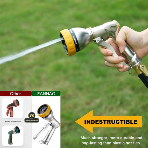 Heavy Duty 100 Percent Metal Hose Nozzle With 7 Spray Patterns High Pressure Sprayer in use, zinc alloy, leak proof.