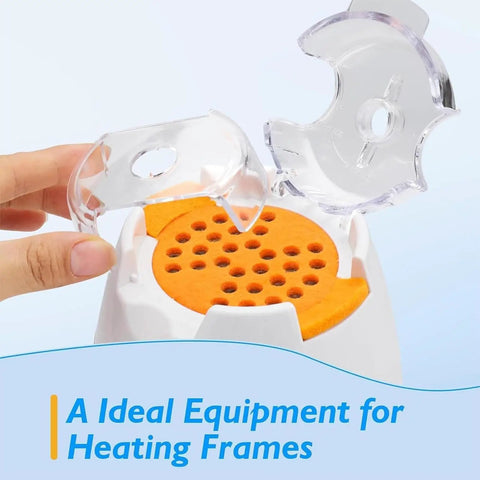 Real Deal Eyeglass Frame Heater With 70 To 130 Fahrenheit Hot Air Glass Warmer showing clear cover and orange felt pad.