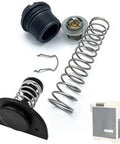 Pool heater thermal regulator and manifold bypass valve kit components; black plastic housing, stainless steel spring, metal valve parts.