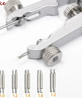 Close-up of Watch Repair Kit 5 Piece Spring Bar Plier Set for pin removal and band replacement, stainless steel, scratch-free tips.