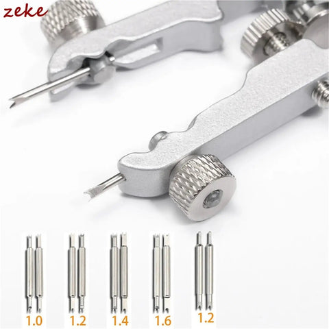 Close-up of Watch Repair Kit 5 Piece Spring Bar Plier Set for pin removal and band replacement, stainless steel, scratch-free tips.
