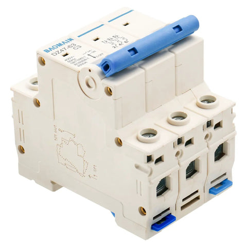 Three Pole 3 Amp DZ47-63 C3 Miniature Circuit Breaker for DIN Rail Mount 400V AC Distribution Panels, front view