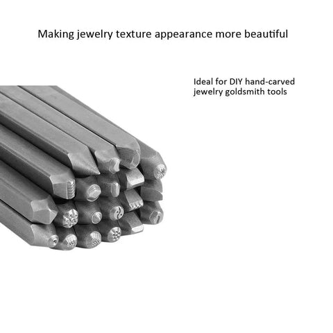 Metal Stamping Kit With 20 Pattern Punches Chisel Anvil Set for jewelry making, showcasing detailed punch designs.