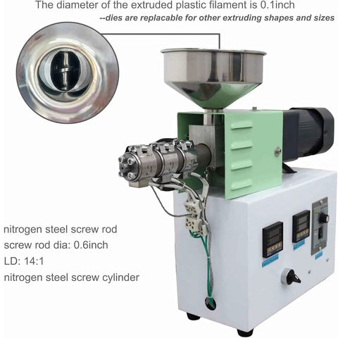 Heavy Duty 3D Printer Filament Extruder Machine Featuring Single Screw Design For Kickass Plastic Processing And Smooth Daily Operation For Dedicated Makers showing the screw assembly and filament output.