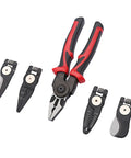Multipurpose Wire Strippers And Crimping Pliers With Quick Change Heads For DIYers And Home Pros, ergonomic grip, five parts displayed.