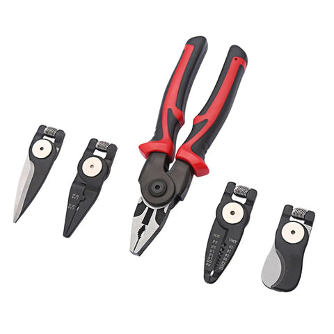 Multipurpose Wire Strippers And Crimping Pliers With Quick Change Heads For DIYers And Home Pros, ergonomic grip, five parts displayed.