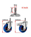 Slick 4 Inch 304 Stainless Steel Casters Set Of 4 With Medium Blue TPR Rubber Dual Axle Wheels, measurements shown.
