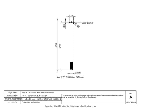 Technical drawing of Heavy Duty Pack Of Two 5/16-18 By 5-1/2 Inch UNC Hex Head Bolts True Grade 5 Titanium with dimensions.