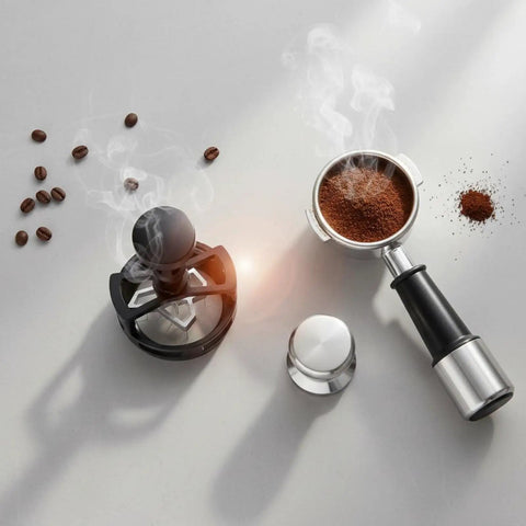 Slap On This Game Changing Espresso Pin Distributor And Coffee Wedge Tool That Knocks Out Clumps And Spreads Grounds Flawlessly For Barista Level Shots Without Breaking A Sweat At Home Or The Cafe In Sleek Black And 58mm on a countertop with coffee beans and grounds.