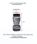 Front view of Easy Adjustable Side Release Buckle Three Quarter Inch Plastic Snap Buckle Clips For Backpack Straps Replacement No Sewing Needed Dual Side Length Adjustment Ideal For Outdoor Gear And DIY Projects And Everyday Pack Upgrades with measurements