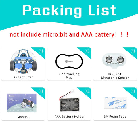 Mini Cutebot Robot Car Kit For BBC Micro:bit v2 And V1 - DIY Programmable STEM Car With Dual Motors, Graphical MakeCode Coding, Educational Build For Kids, Cute Compact Design, Battery Not Included. Packing list with Cutebot car, ultrasonic sensor, manual, AAA holder, and foam tape