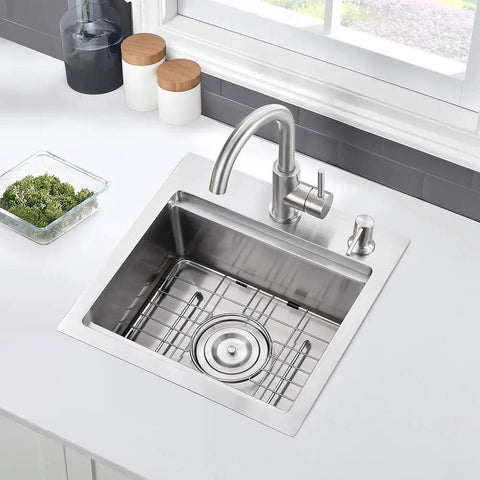 15 Inch Bar Sink Drop In Workstation With Cutting Board 16 Gauge Stainless Steel Single Bowl Bar Prep Sink For Small Kitchens Outdoor And RV Use Topmount Island Basin