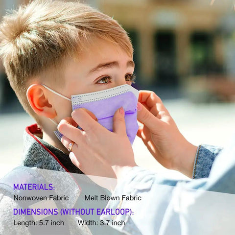 Child wearing Kids Face Masks Pack Of 50 Three Ply Disposable With Colorful Designs, snug nose wire, outdoor setting