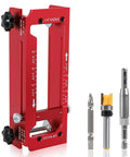 Heavy Duty Aluminum Door Hinge Jig Kit With Adjustable Mortise Template For Doors Two And A Half To Five Inches Long Fits Quarter Inch Radius Five Eighths Inch Radius And Square Corner Hinges With 6061 Anodized Aluminum Construction For Precise Mortises, shown with accessories.