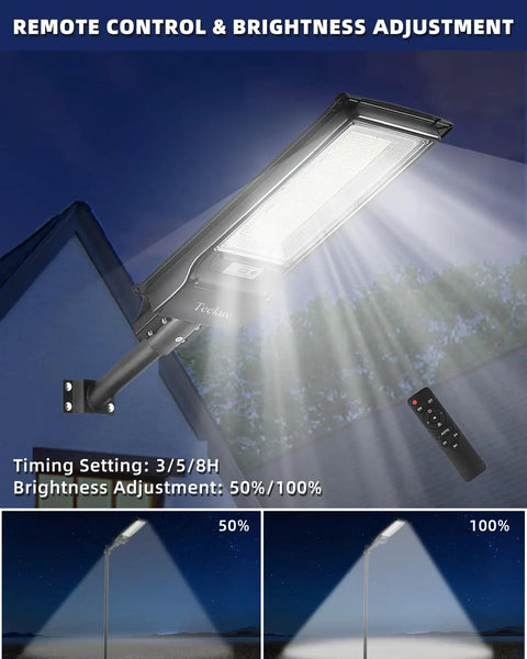 1500W Solar Street Light Outdoor Waterproof Dusk To Dawn with remote control and brightness adjustment features, mounted on wall.