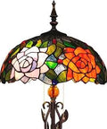 Stained Glass Tiffany Floor Lamp Rose Flower Design For Cozy Reading In A 70 Inch Tall Corner Setup, 16 Inch Shade Detail