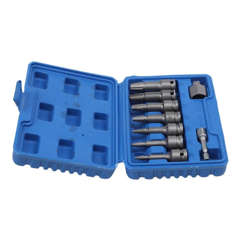 Top Shelf Broken Screw Extractor Set With Hex Socket Removal Tools For Stripped Bolts And Damaged Fasteners Perfect Auto Repair Kit In Metal Case Tough As Nails open blue case with steel extractors