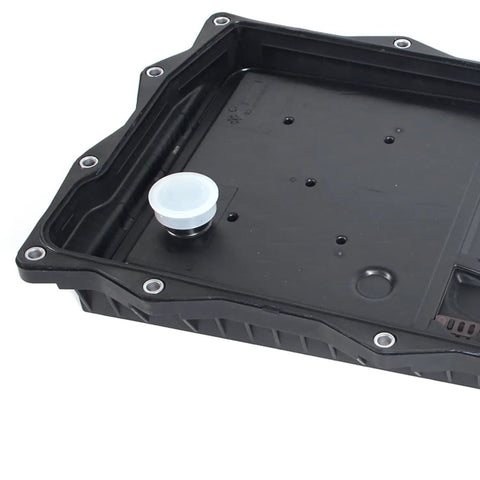 BMW 8HP70 8 Speed Transmission Oil Pan With Filter Gasket And Screws Kit corner view showing mounting holes