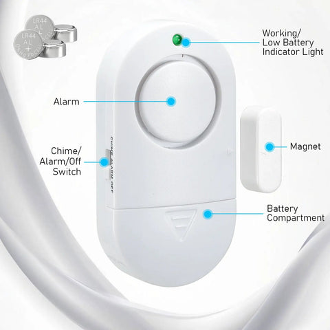 Door Window Alarm System With 120 Decibel Loud Chime Easy Stick On Mount White Home Safety Alarm For Kids Detects Entry Up To 750 Feet