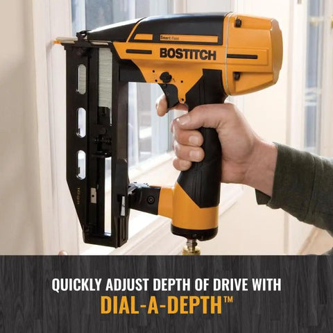 Finish Nail Gun 16 Gauge Pneumatic Nailer with Clip Head Design held in hand adjusting depth with Dial-A-Depth feature.