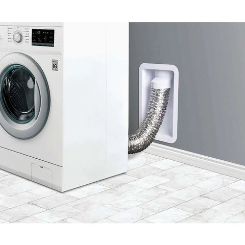 Recessed Dryer Vent Box For Tight Wall Install That Lets Your Dryer Sit Close To The Wall Protects The Duct From Crushing And Cuts Down Lint Build Up With Fewer Bends Made From High Impact Poly installed with dryer