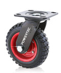 6 Inch Heavy Duty Swivel Caster Wheels With Knobby Rubber Tread On Red Steel Hub, shown in front view