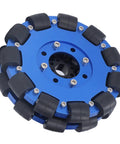 5-inch omni wheel for robots with aluminum hub and metal rollers for seamless omnidirectional mobility on various surfaces.
