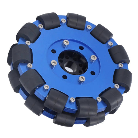 5-inch omni wheel for robots with aluminum hub and metal rollers for seamless omnidirectional mobility on various surfaces.