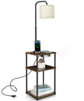 Rustic End Table Lamp With USB Charging Port And Power Outlet, 3 Tier Storage Shelves, And A Built In Reading Light