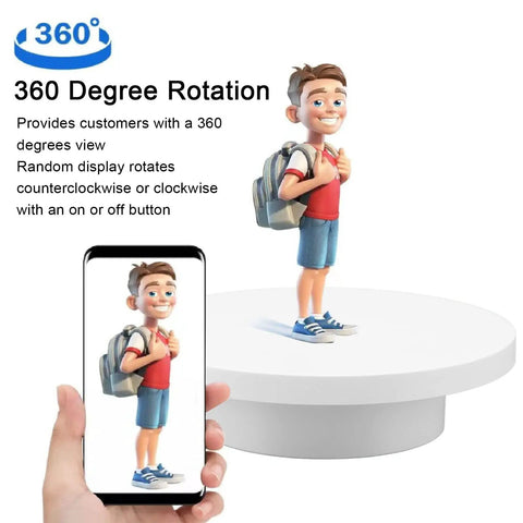 Heavy Duty Rotating Display Stand With White Plug In Remote Motorized Electric Turntable For 360 Degree Photography And Video Shoots featuring a 360-degree view of a figurine.