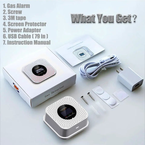 Natural Gas Detector With 10 Year Lifespan For RV And Home, package contents including device, USB cable, power adapter, screws