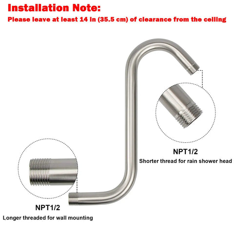 High Rise S Shaped Shower Arm Extender With Flange 10 Inch Brushed Nickel Shower Riser, NPT1/2 thread detail shown