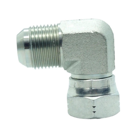 Heavy-Duty Steel JIC Flare Tube Fitting 90 Degree Elbow Swivel Connector, 1-1/16-12 Male JIC To 3/4 Inch Male JIC, Swivel Tube OD, High-Grade Hydraulic Line Fitting For Steel Tubing close-up
