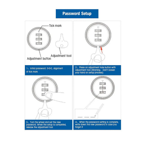 Password setup instructions for Three Digit Keyless Cabinet Lock With Zinc Alloy Body And Steel Cam Lock, showing adjustment tool use.