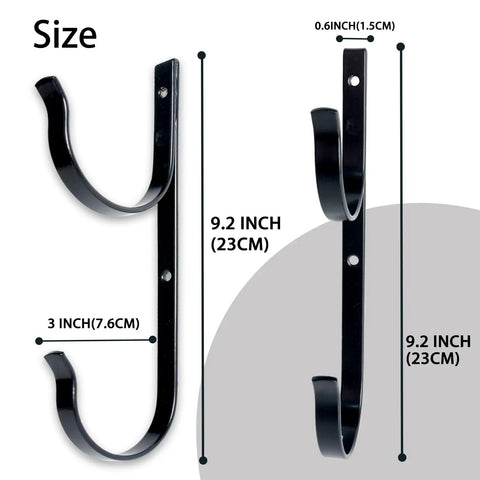 Two Pack Heavy Duty Black Aluminum Pool Pole Hangers With Screws Sturdy Hooks for telescopic poles shown with dimensions