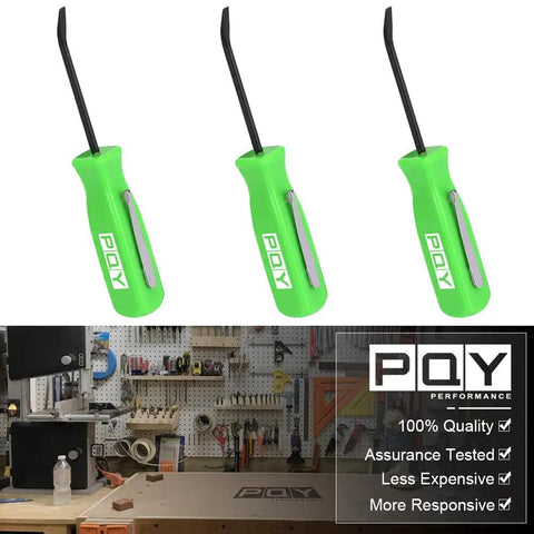 Mini Pocket Pry Bar Set of 3 With Pocket Clip in Green, About 4.4 Inch Length showcased above a workshop table with tools.
