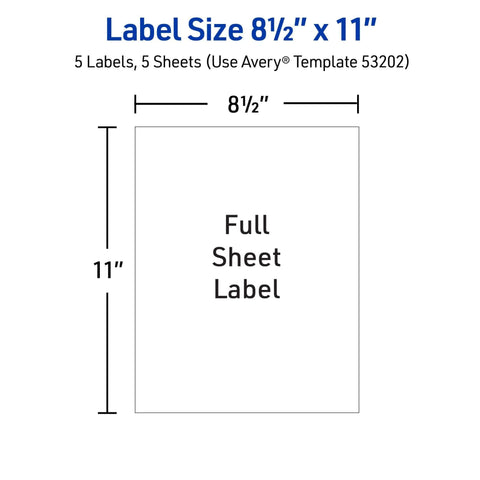 Front view of Avery printable label sheet, 8.5 x 11 inches, matte white, full-sheet label.
