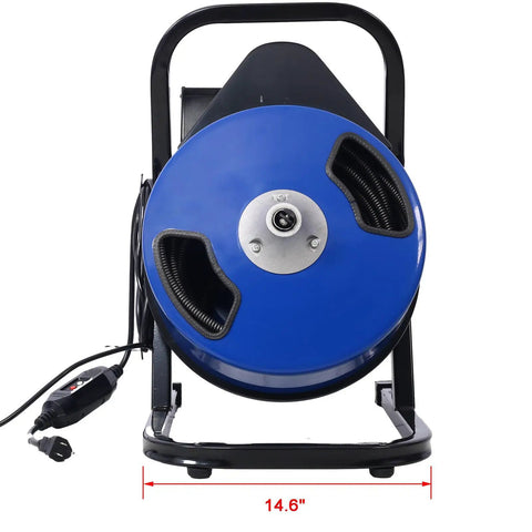 Heavy Duty Electric Drain Auger Featuring 60 Foot Flexible Snake Cable And Swappable Cutter Heads For Knocking Out Stubborn Sink And Pipe Clogs Includes Foot Switch And Solid Blue Motor Unit with visible blue motor.