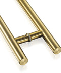 Beefy 60 Inch Solid Standoffs Door Handle Set Heavy Duty Commercial Grade 304 Stainless Steel Push Pull For Barn Doors And Glass Doors Satin Gold Finish With 59 Inch Handle Length And 2 Inch Mount close-up of satin gold standoff connector