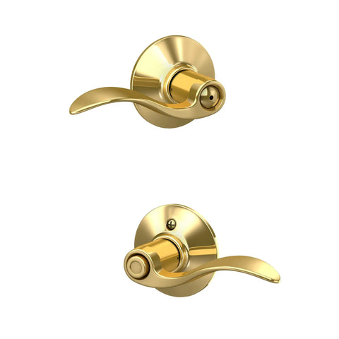 F40 V ACC 605 Accent Door Lever With Bed And Bath Privacy Lock In Bright Brass Easy Install With Self Aligning Screws Push Button Privacy