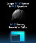 Hella Crisp 4K Webcam With Massive 1.5 Inch Sensor And Killer Low Light Vision Plus Smooth AI Auto Framing Tracking For Zoom TikTok Live Streaming With Direct Wireless Mic Support And Privacy Lock showing 1.5 inch sensor details.