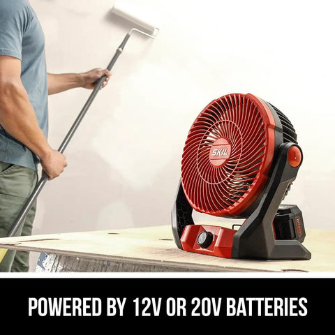 Rock Solid Brushless 7 Inch Jobsite Fan Delivering A Smooth 500 Cfm Breeze With A Flexible 180 Degree Pivoting Head And Quick Adjust Variable Speed Controls For Crew Comfort near a painter, powered by batteries.