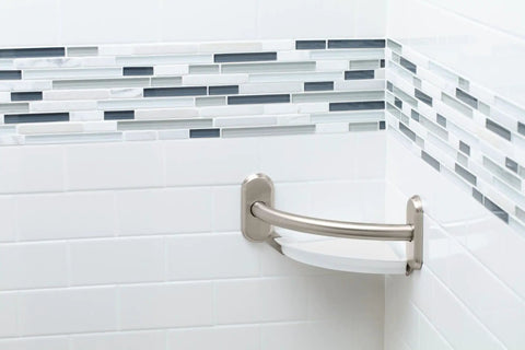 9 Inch Curved Bathroom Grab Bar With Integrated Corner Shelf In Brushed Nickel Heavy Duty Support Up To 500 Lbs Easy Install With Secure Mount Great For Walk In Showers And Accessible Bathrooms shown mounted in a tiled shower corner