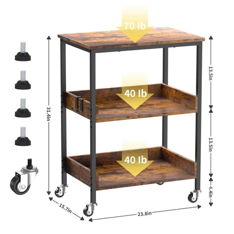 Slick Three Tier Rolling Kitchen Microwave Cart Featuring Rugged Steel Frame For Hella Spacious Storage And Smooth Mobile Coffee Bar Or Living Room Side Table Platform, showing dimensions and weight capacity.