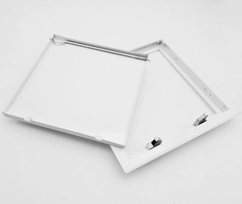 Heavy Duty 6X6 Inch Access Panel Door With Quick Push Lock Fit For Walls And Ceilings Straight Shot Setup For Hvac Plumbing Electrical And Crawlspace Work White Finish open panel showing frame and latch mechanism.