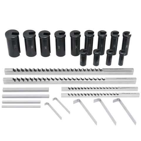 HSS Keyway Broach Set 4mm 5mm 6mm 8mm Metric Keyway Tools With Slotted Bushings And Shims displayed in precision formation