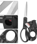Sewing scissors, front view: black ergonomic laser-guided tool with long steel blades; serrated edge, pivot, and finger loop.