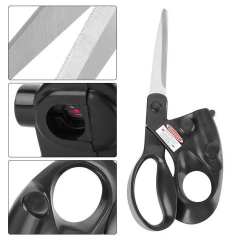 Sewing scissors, front view: black ergonomic laser-guided tool with long steel blades; serrated edge, pivot, and finger loop.